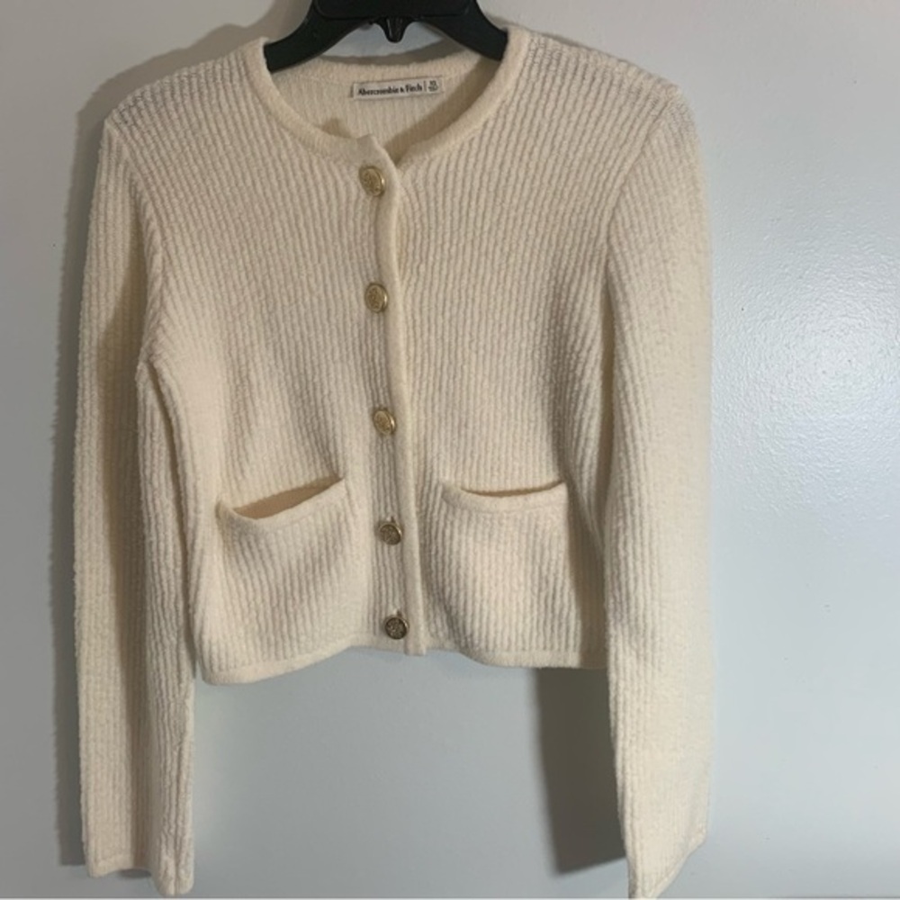 Abercrombie & Fitch Cream Ribbed Button-Up Cardigan with Gold Buttons Sz XS Luxe